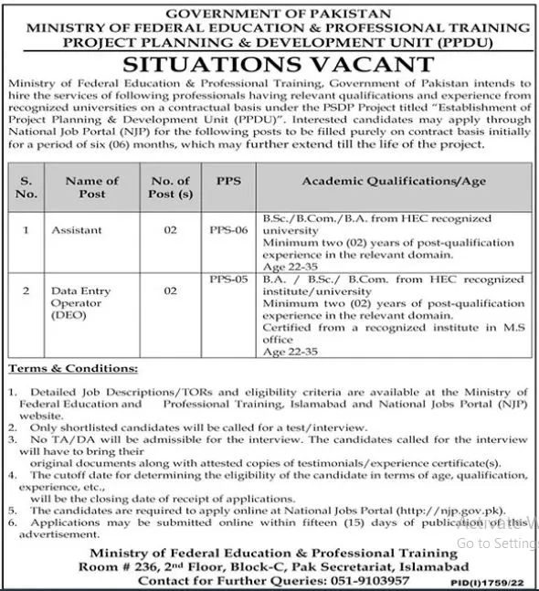 Ministry of Federal Education Jobs 2023 – mofept.gov.pk Jobs