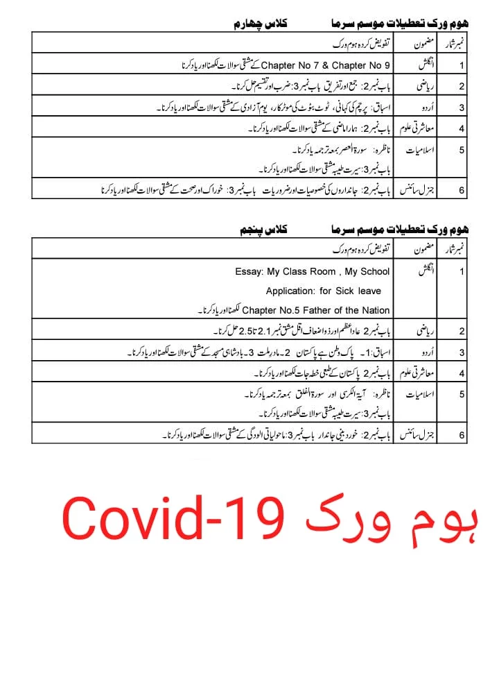 Homework for 1st to 8th Class Winter Vacation Download pdf